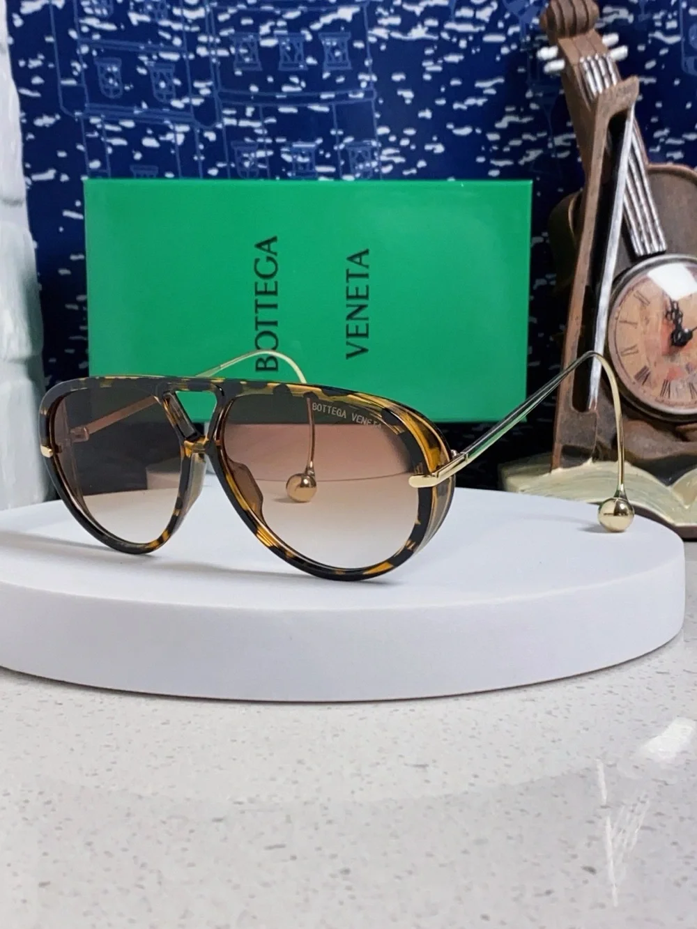 Bottega Veneta Tortoiseshell and Gold Gradient Lens Aviator Sunglasses